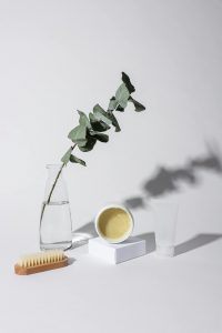 Aesthetic skincare setup with cream, eucalyptus, and brush on a white surface.